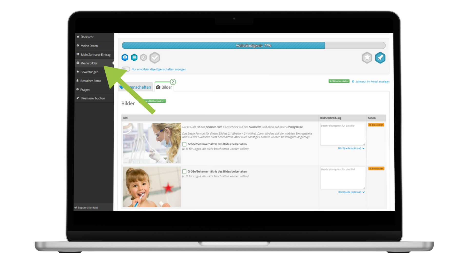 Bilder für meinen Zahnarzt Eintrag hochladen